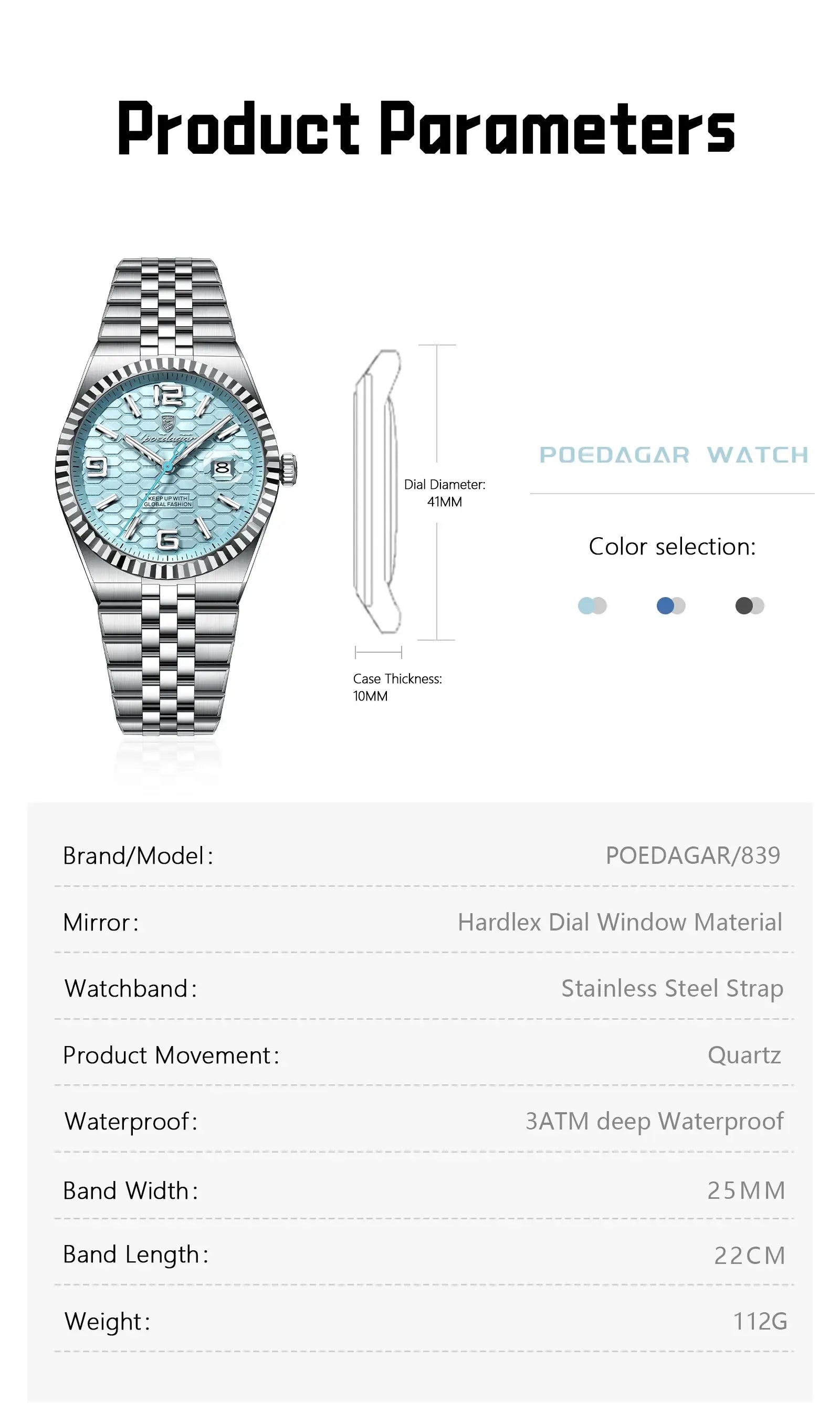 POEDAGAR men's stainless steel quartz watch with blue dial and date window