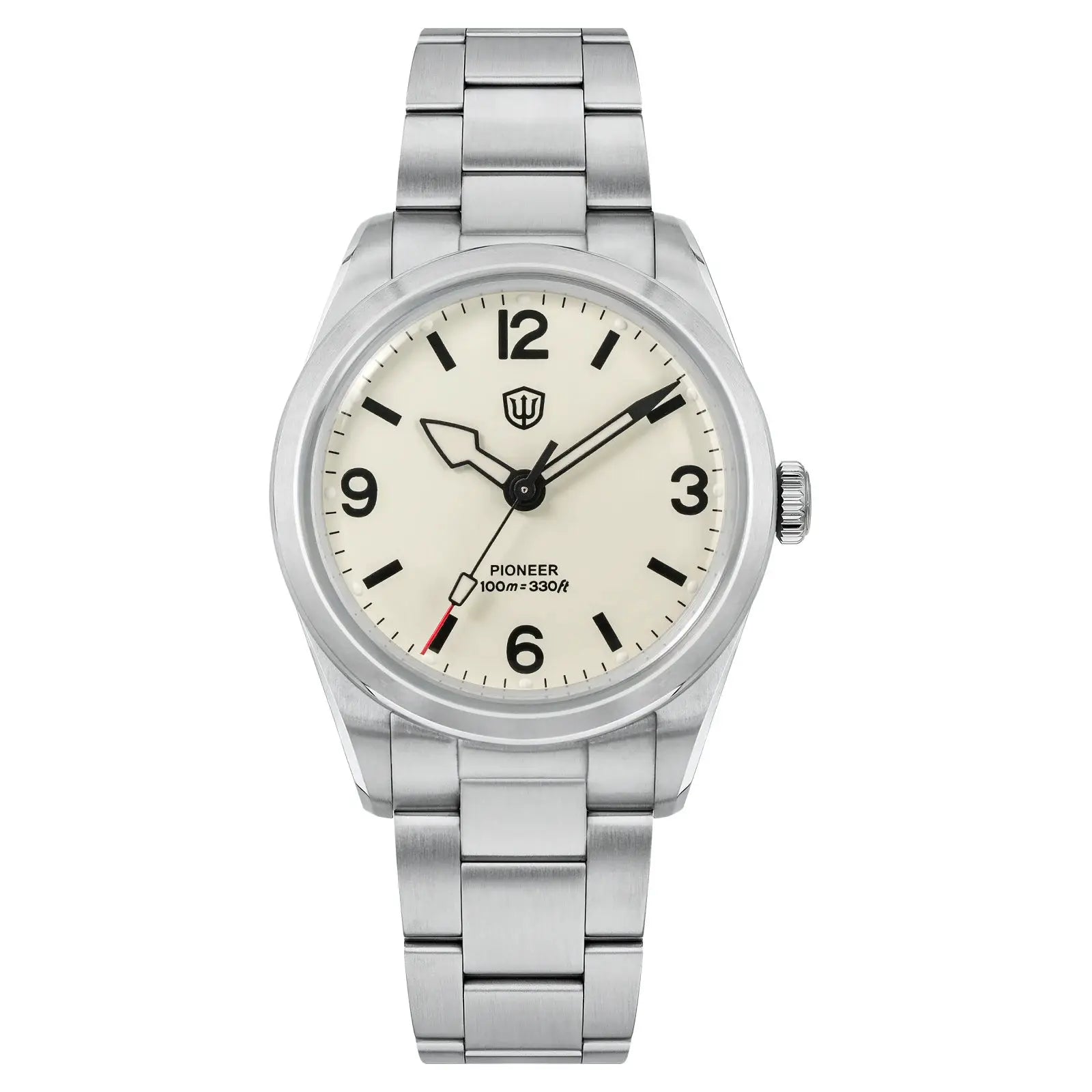 WD1960S Watch by Simples Market, stainless steel bracelet, cream dial with large black numerals