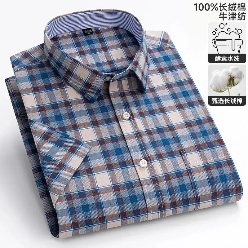 Simples Market men's 100% cotton plaid shirt, blue beige check, short sleeve