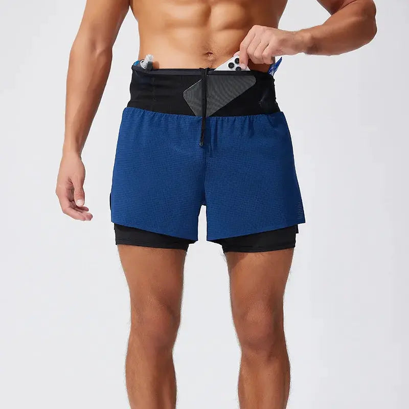 Men's blue double-layer running shorts with black inner liner and drawstring waist