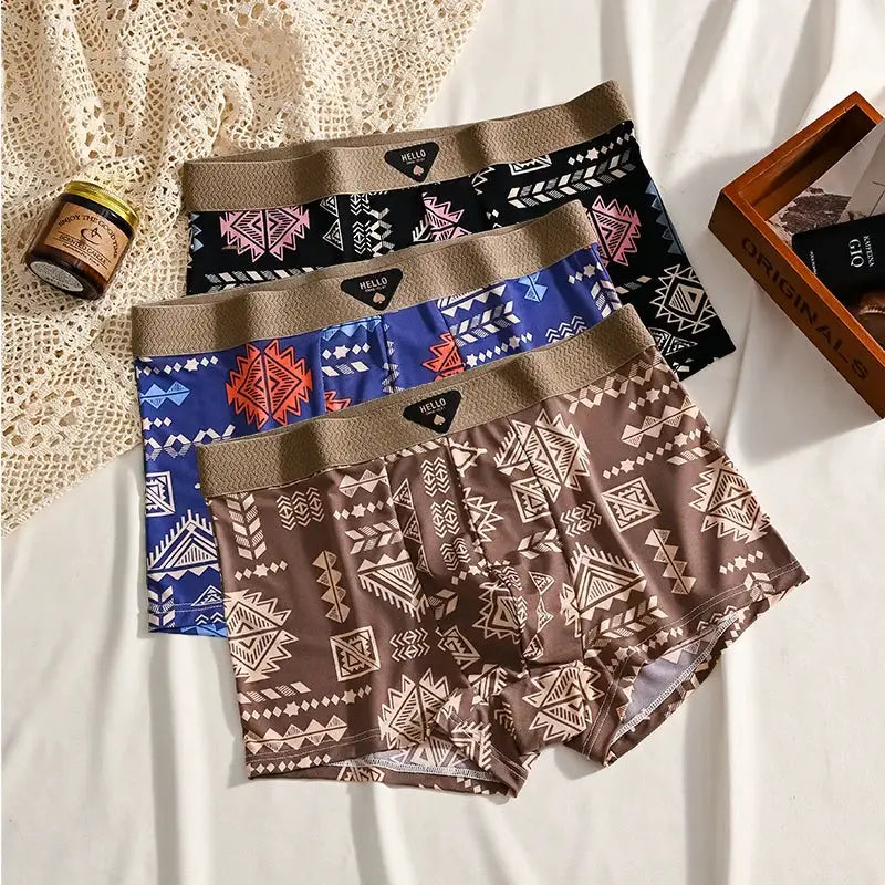 3-pack Simples Market men's boxer shorts with geometric tribal prints in brown, blue, and black with tan waistbands