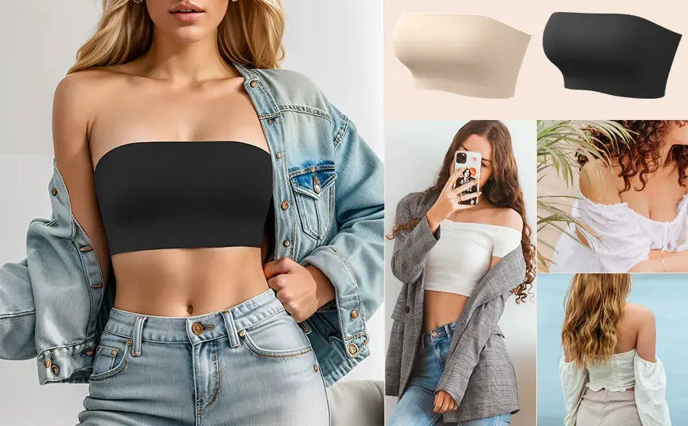 Black seamless strapless tube top bra by Simples Market; silicone non-slip with beige/black swatches.