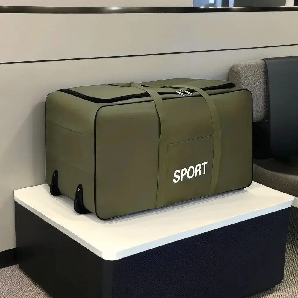 Foldable olive green luggage bag with wheels and top handles, SPORT label for large-capacity carry-on