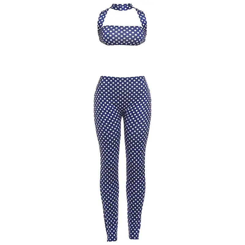 Nibber Hottie Women Dot Print 2 Piece Tracksuit Backless Halter