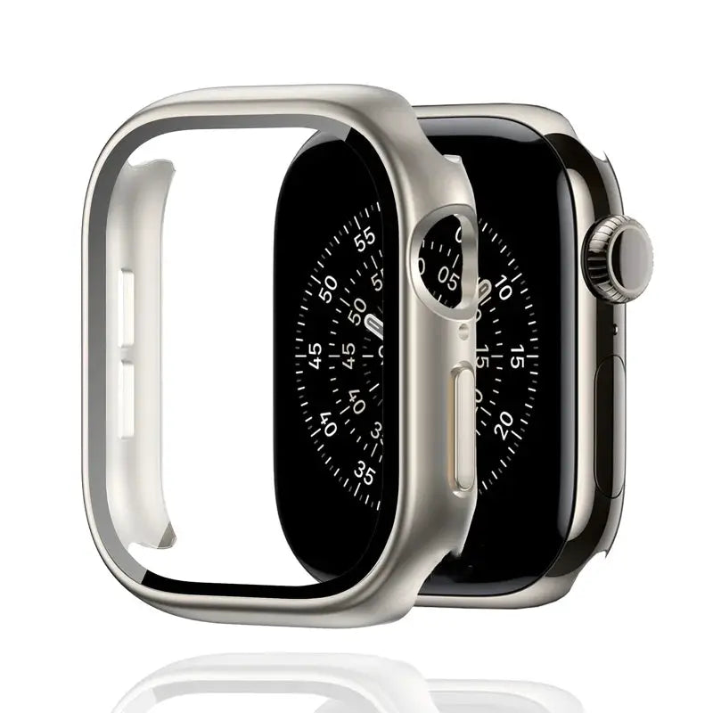 Tempered glass protective case for Apple Watch, gold-tone frame, fits 38–46mm