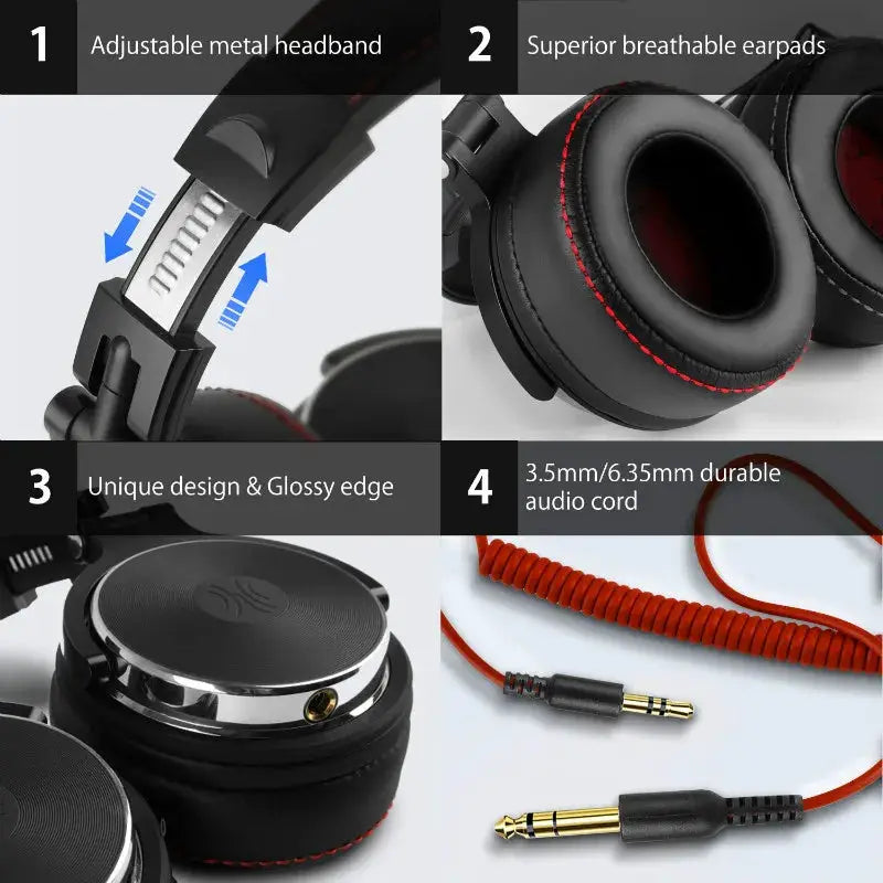Oneodio wired DJ studio headphones with microphone, over-ear black with red stitching and coiled 3.5mm/6.35mm cable