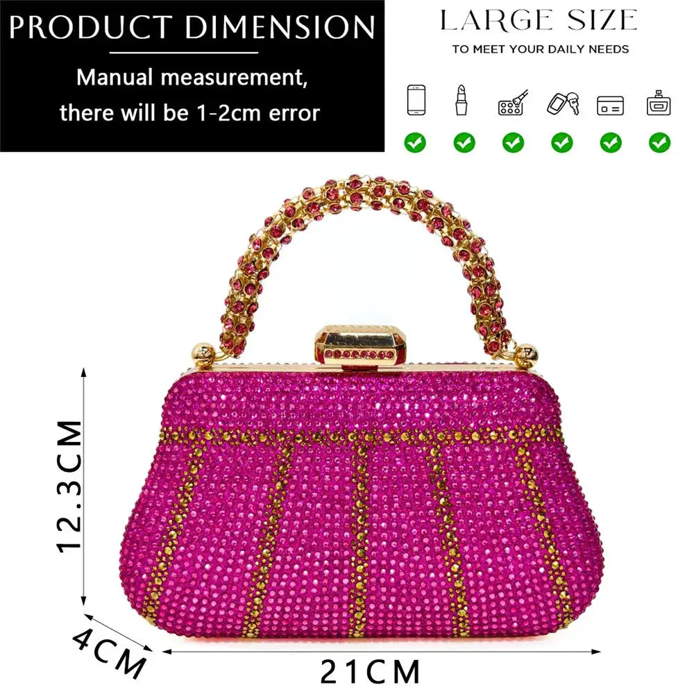 Pink rhinestone evening clutch with gold-tone frame and beaded handle, 21cm wide