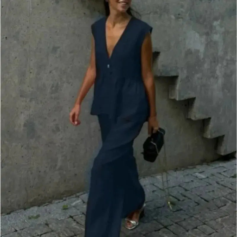 Women Sleeveless V Neck Top Two Piece Summer Set With Straight Pants