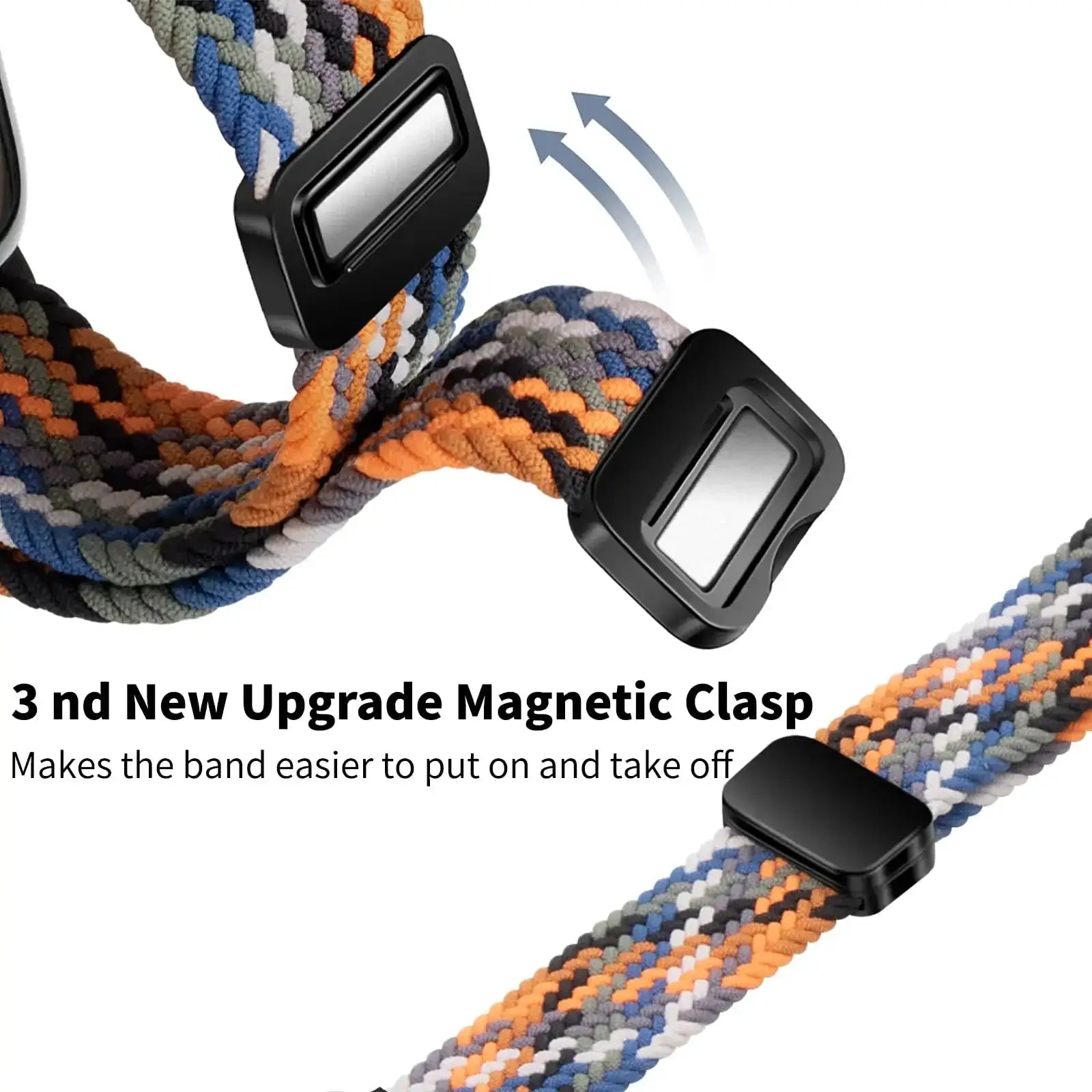 Braided Apple Watch band with magnetic clasp; multi-color woven nylon, fits 38–49mm SE/7/8/9/Ultra