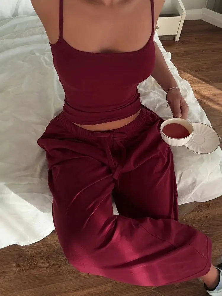 Kliou Women Two Piece Set U Neck Backless Camisole Top Pants