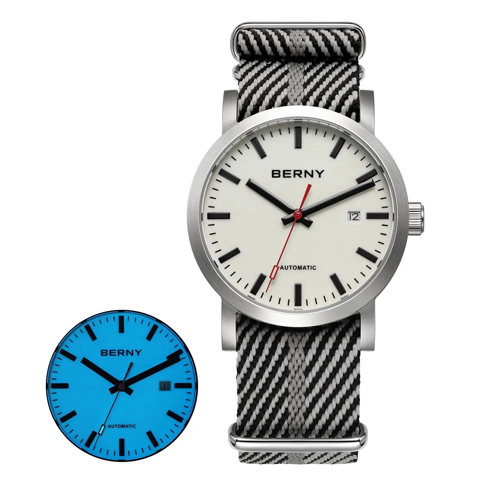 BERNY automatic men’s wristwatch; 2 watches shown with stainless steel cases and woven mesh straps (white and blue dials).