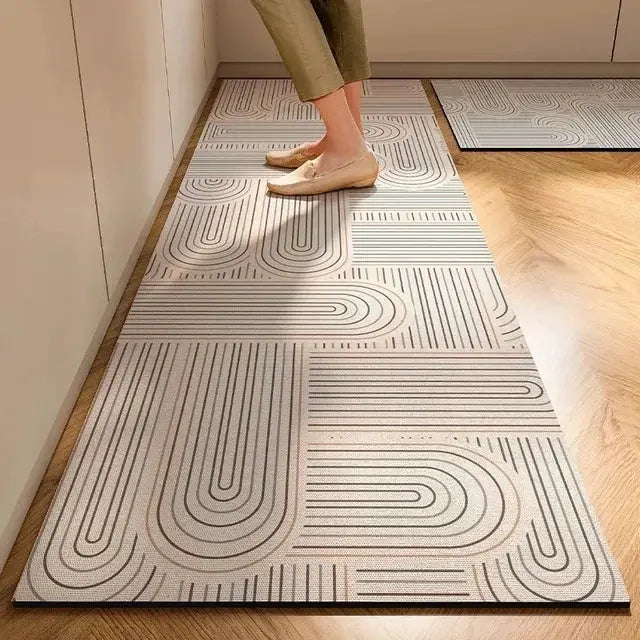 Japanese-style diatomite kitchen floor mat runner by Simples Market, anti-slip and absorbent with gray pattern.