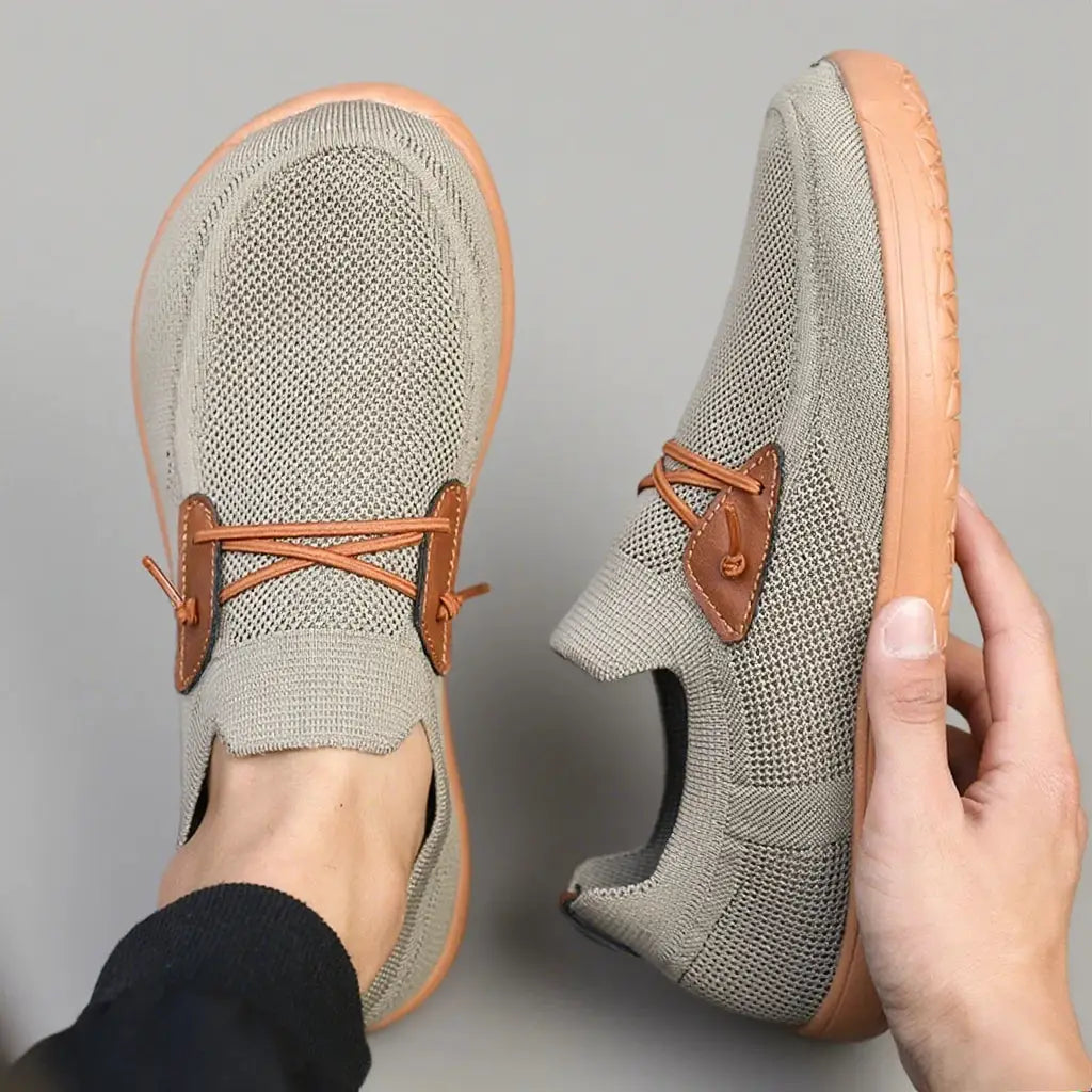 Simples Market wide barefoot shoes pair for men and women; beige knit upper with tan leather lace accents and sole