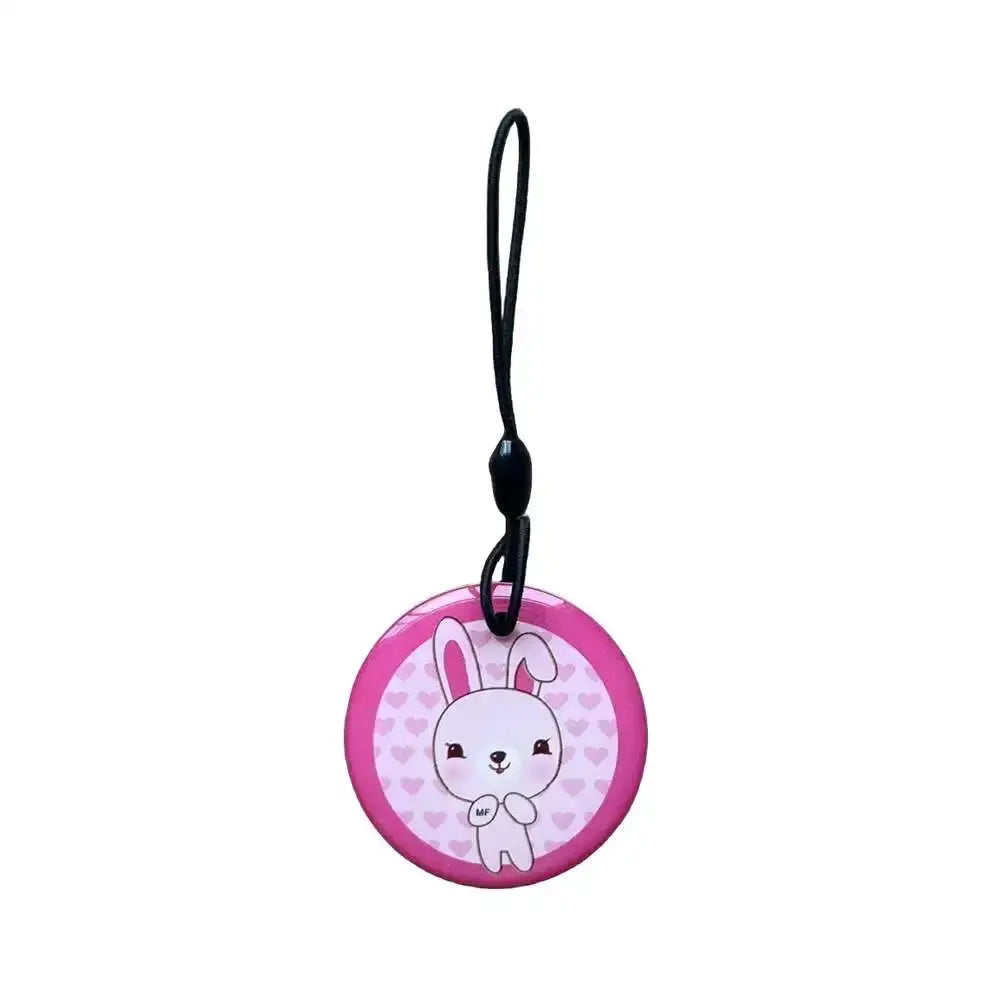 RFID key tag Simples Market, pink round bunny design with hearts, waterproof 13.56MHz UID, black lanyard
