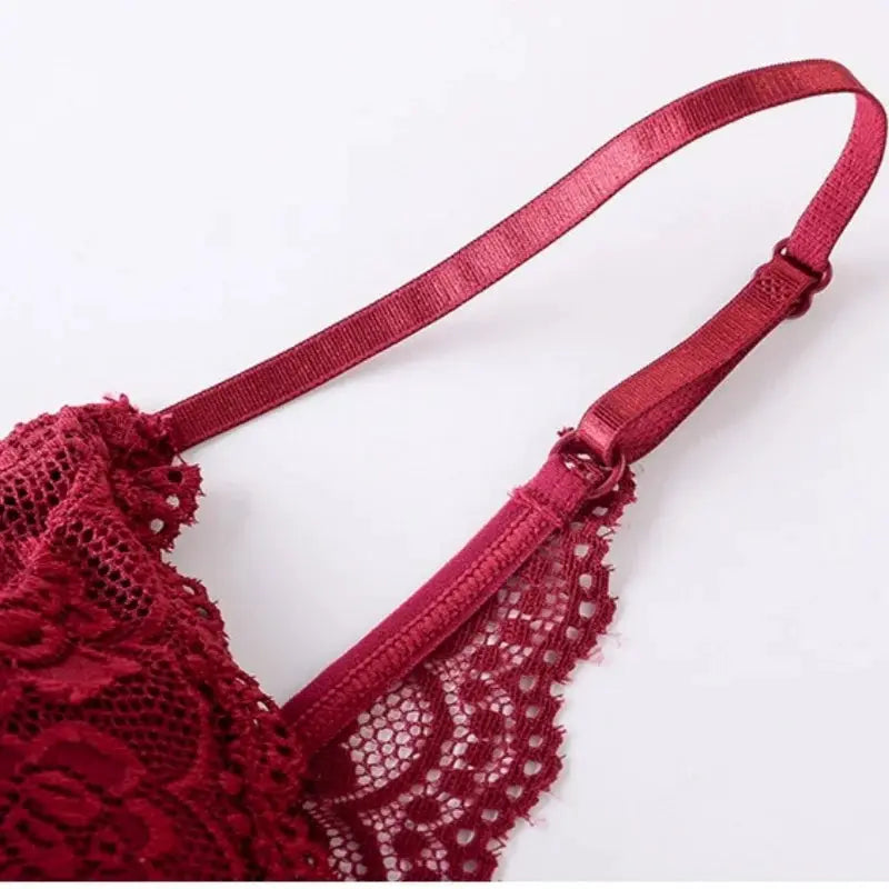 Floral lace bralette, red, adjustable straps, V-neck, non-wire lingerie