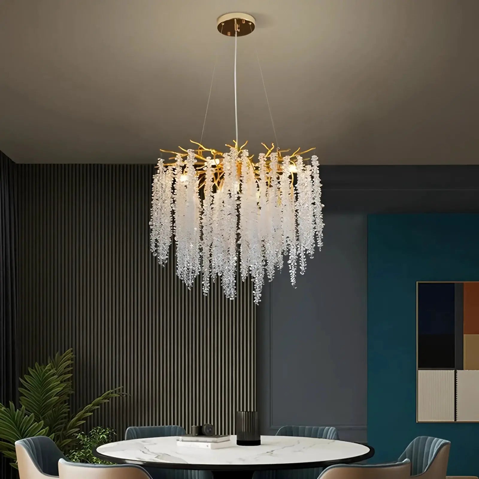 Simples Market modern crystal chandelier pendant with cascading clear crystal strands and gold accents.