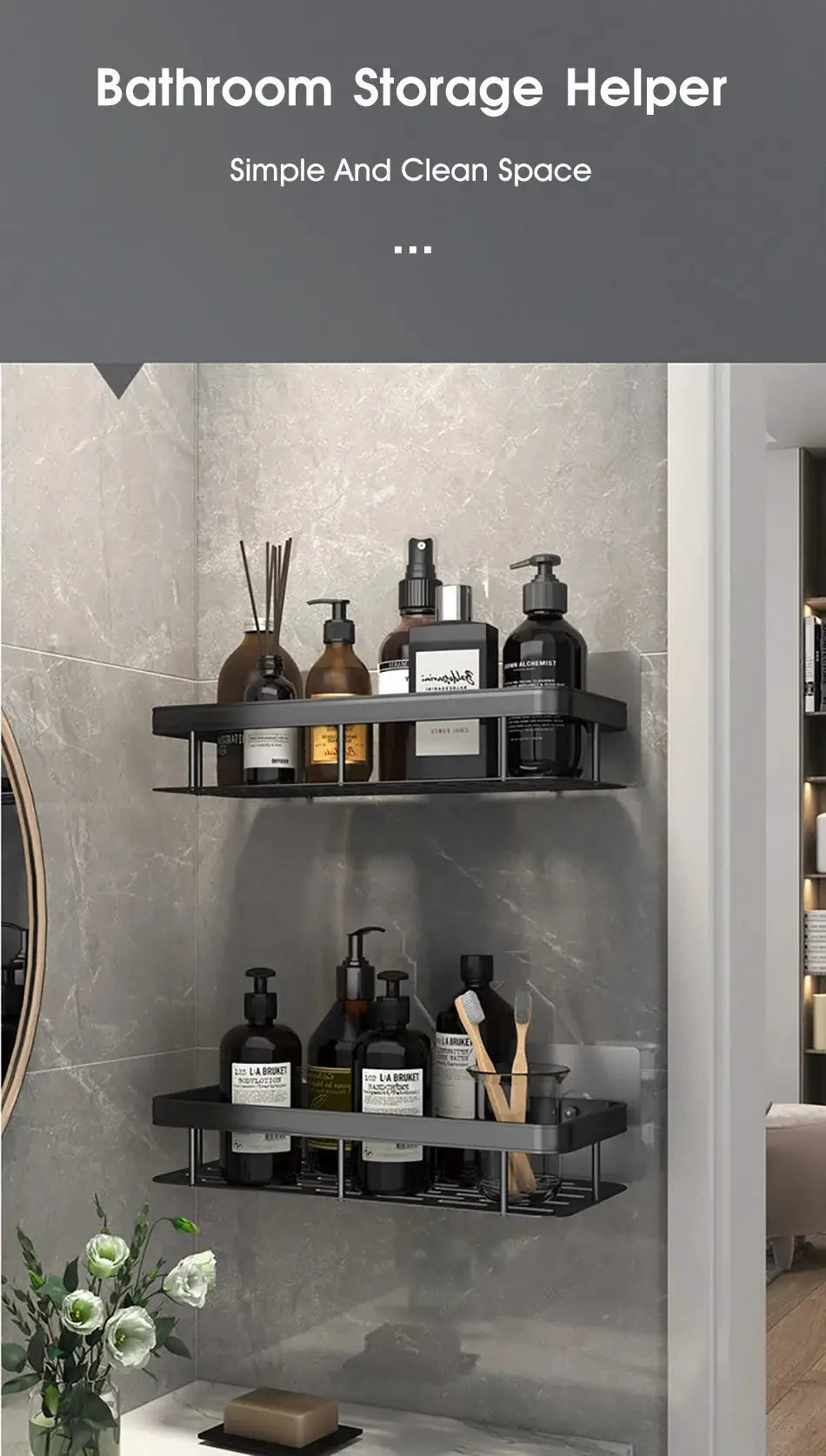 Two-tier black metal no-drill wall-mounted corner bathroom storage rack for shampoo and toiletries