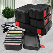 Plastic tool storage boxes, black with red latches; a stack of several boxes for hardware organization