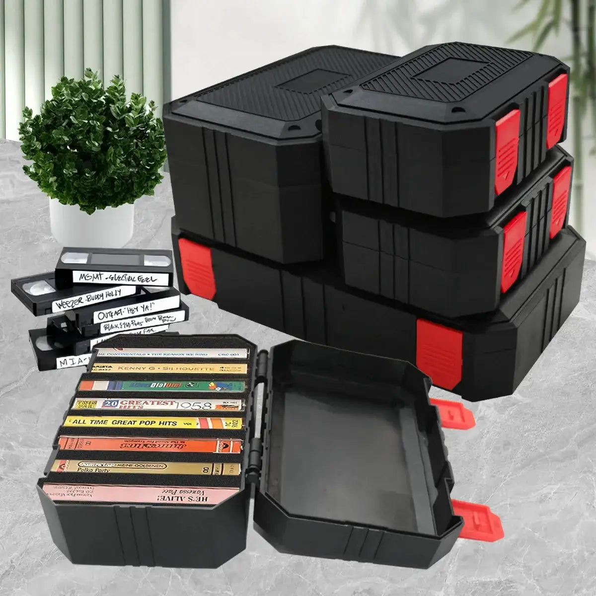 Plastic tool storage boxes, black with red latches; a stack of several boxes for hardware organization