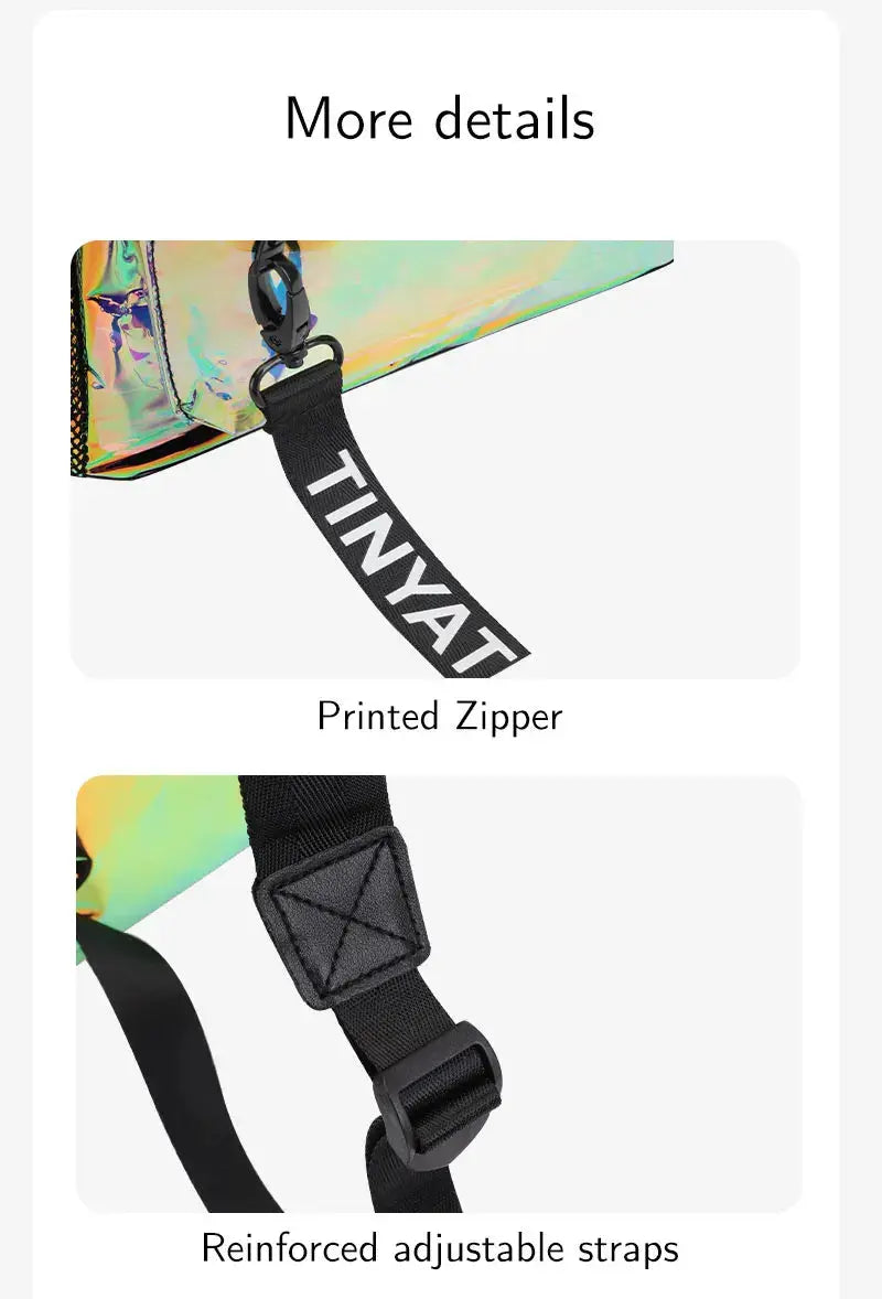 TINYAT PVC clear backpack for women with printed zipper and reinforced adjustable straps, ideal for music festivals.