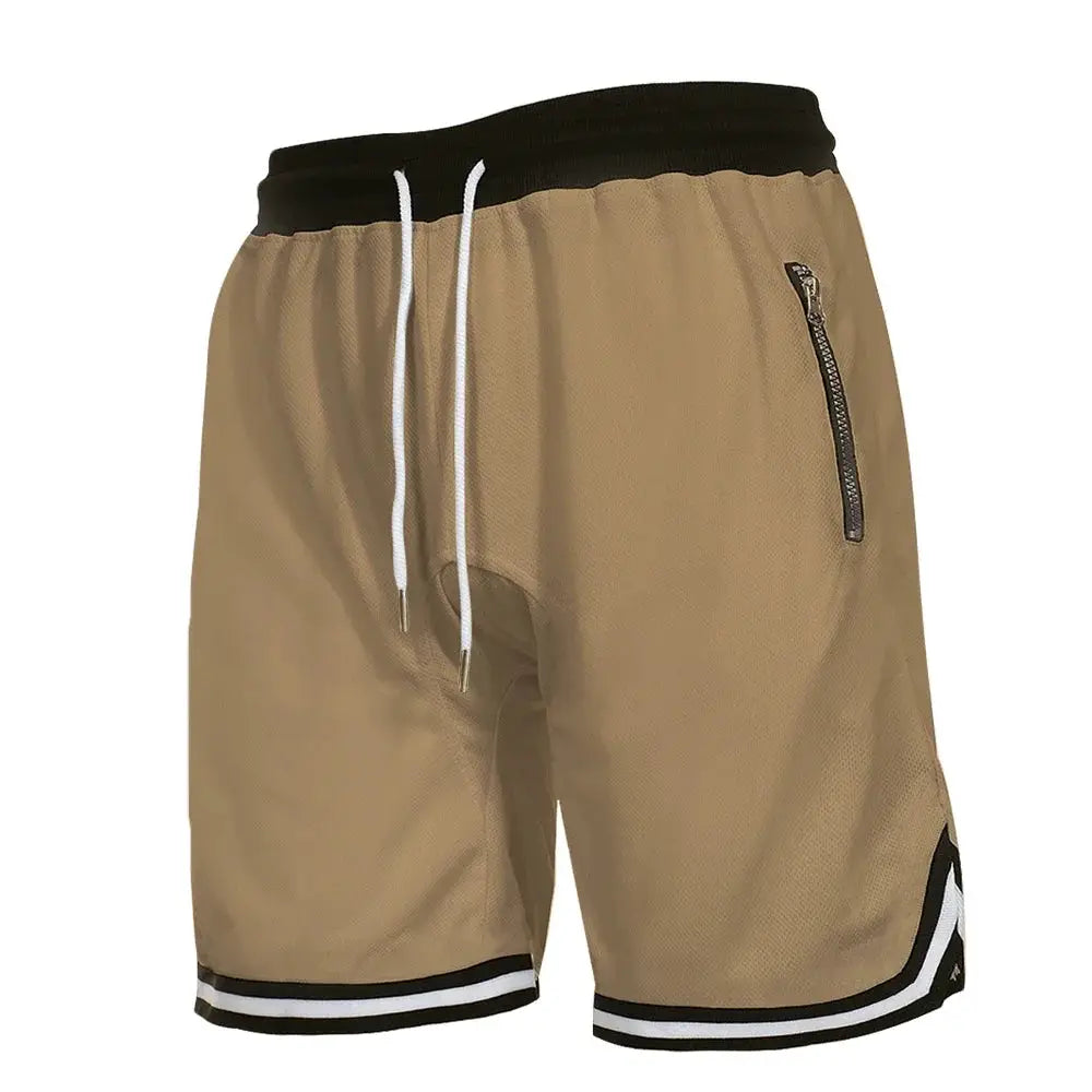Men's beige mesh quick-dry basketball shorts with black waistband, white drawstrings, zippered pocket Simples Market