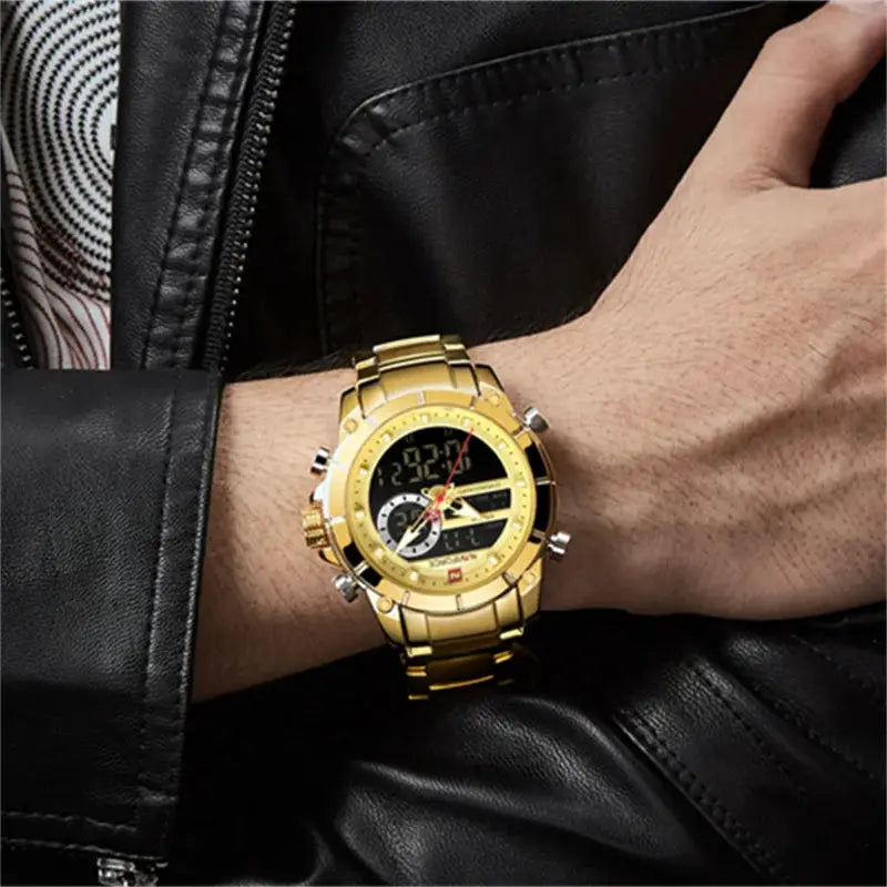 Naviforce 9163 Luxury Sport Mens Wristwatch With Dual Analog Digital Display Stainless Steel Water Resistant