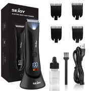 Sejoy electric body hair trimmer with multiple detachable comb attachments, USB charger, and oil bottle.