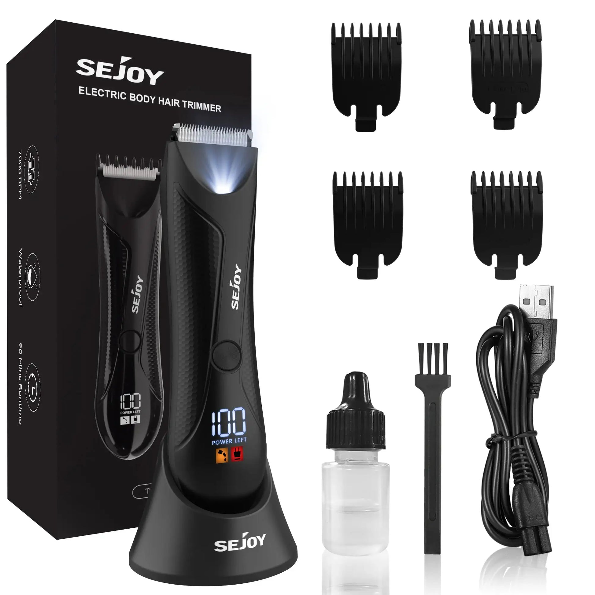 Sejoy electric body hair trimmer with multiple detachable comb attachments, USB charger, and oil bottle.
