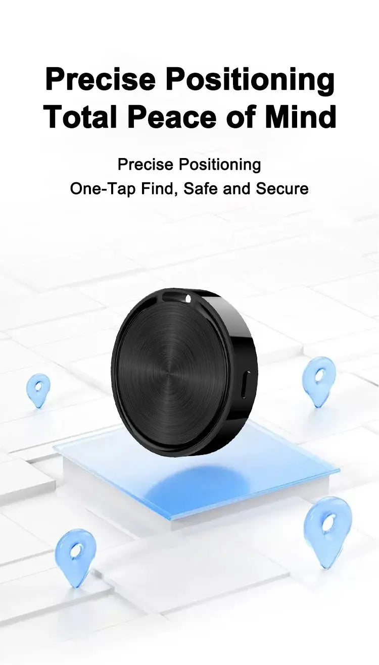 Bluetooth GPS tracker, black circular keychain device, shown with blue location pins