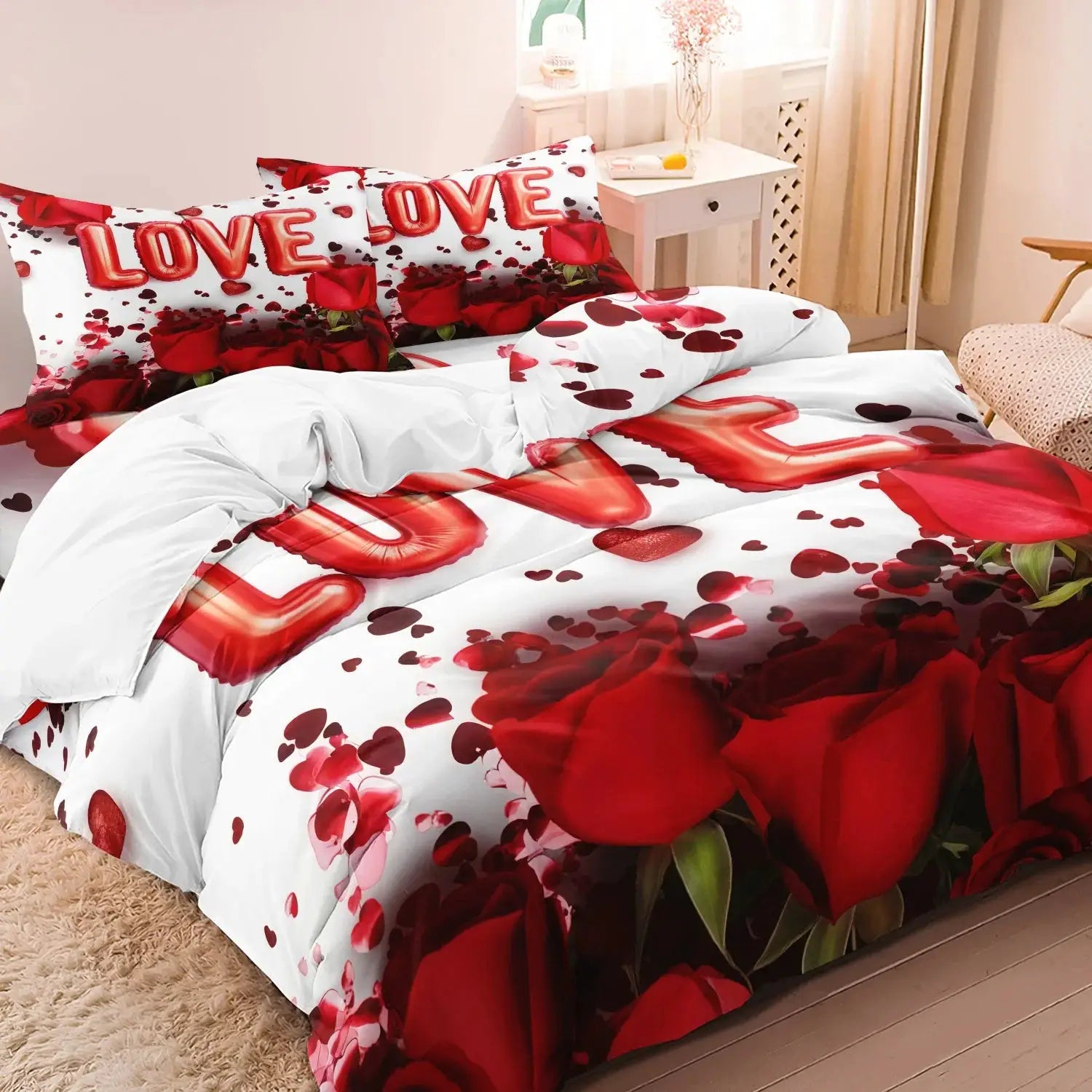 3-piece bedding set with red roses and LOVE print; duvet cover and two pillowcases