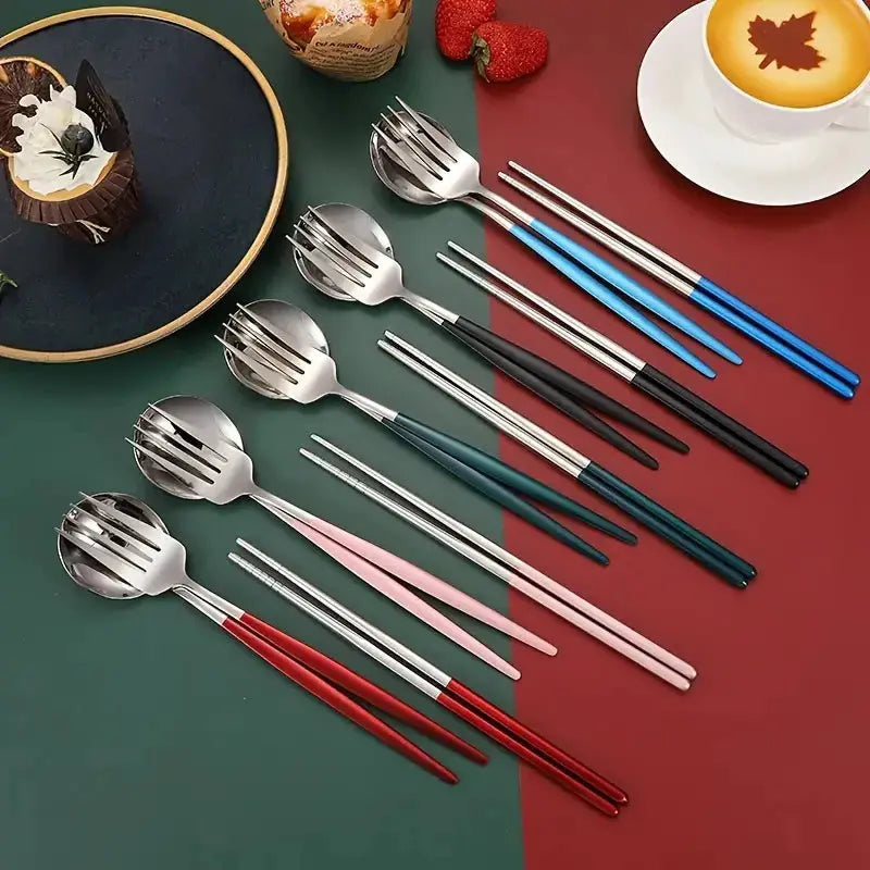 Three Piece Portable Stainless Steel Cutlery Set Chopsticks Forks Spoons For Students Home And Outdoor Picnics