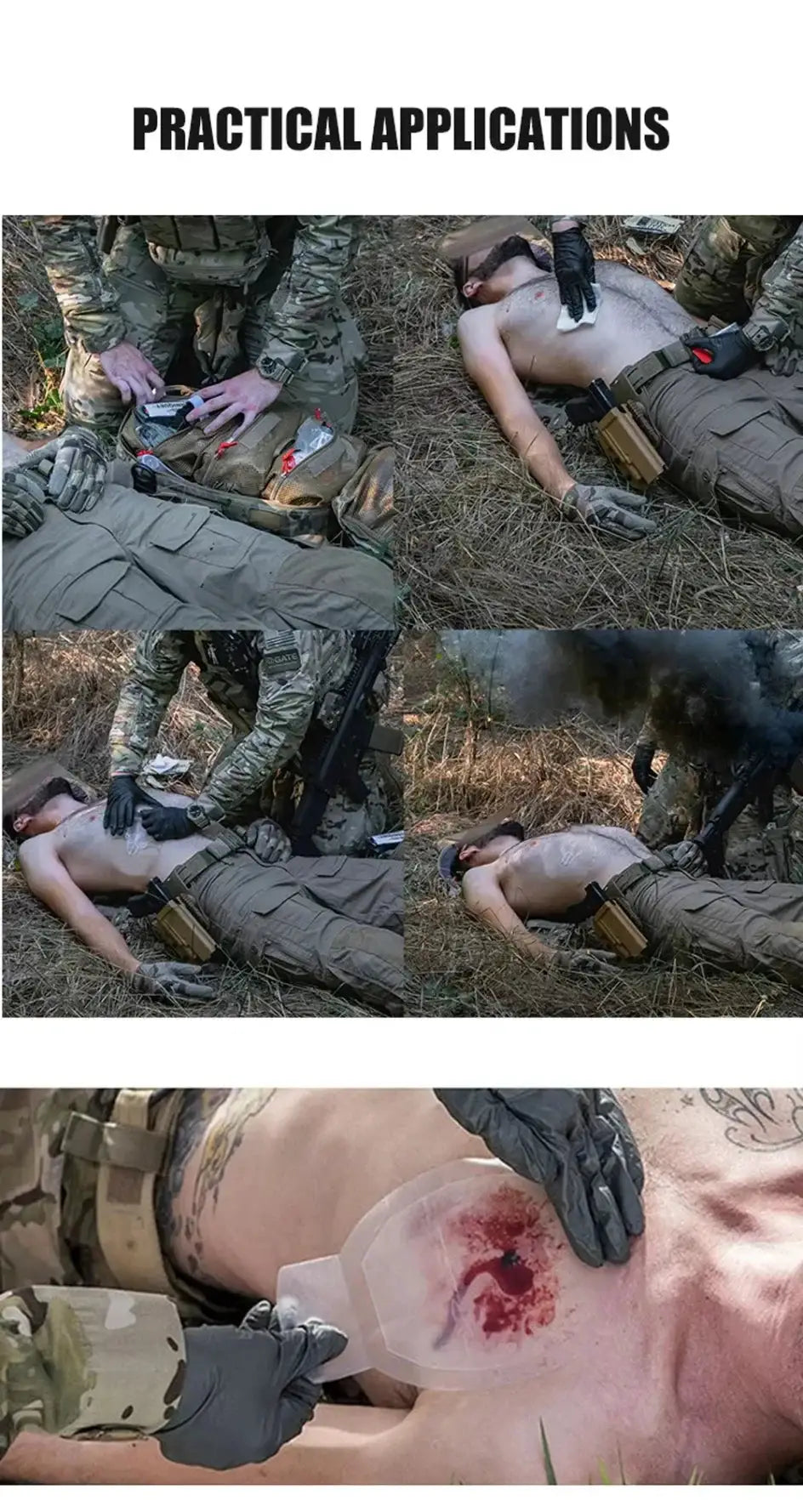 Chest-seal transparent wound care device used by military medics on a shirtless casualty in an outdoor collage