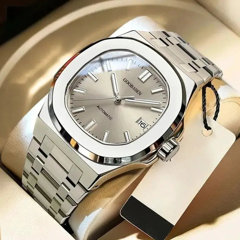 LuxTime Aurora Automatic Luminous Stainless Steel Mens Watch With Luminous Dial Water Resistant 3 Bar