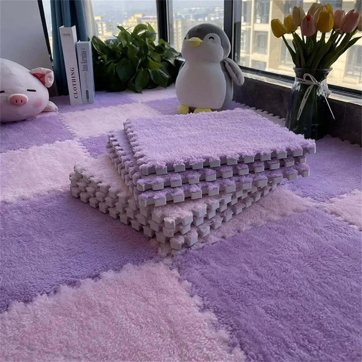 Soft plush EVA foam puzzle play mat; lavender interlocking 30cm tiles, stack of four, Simples Market