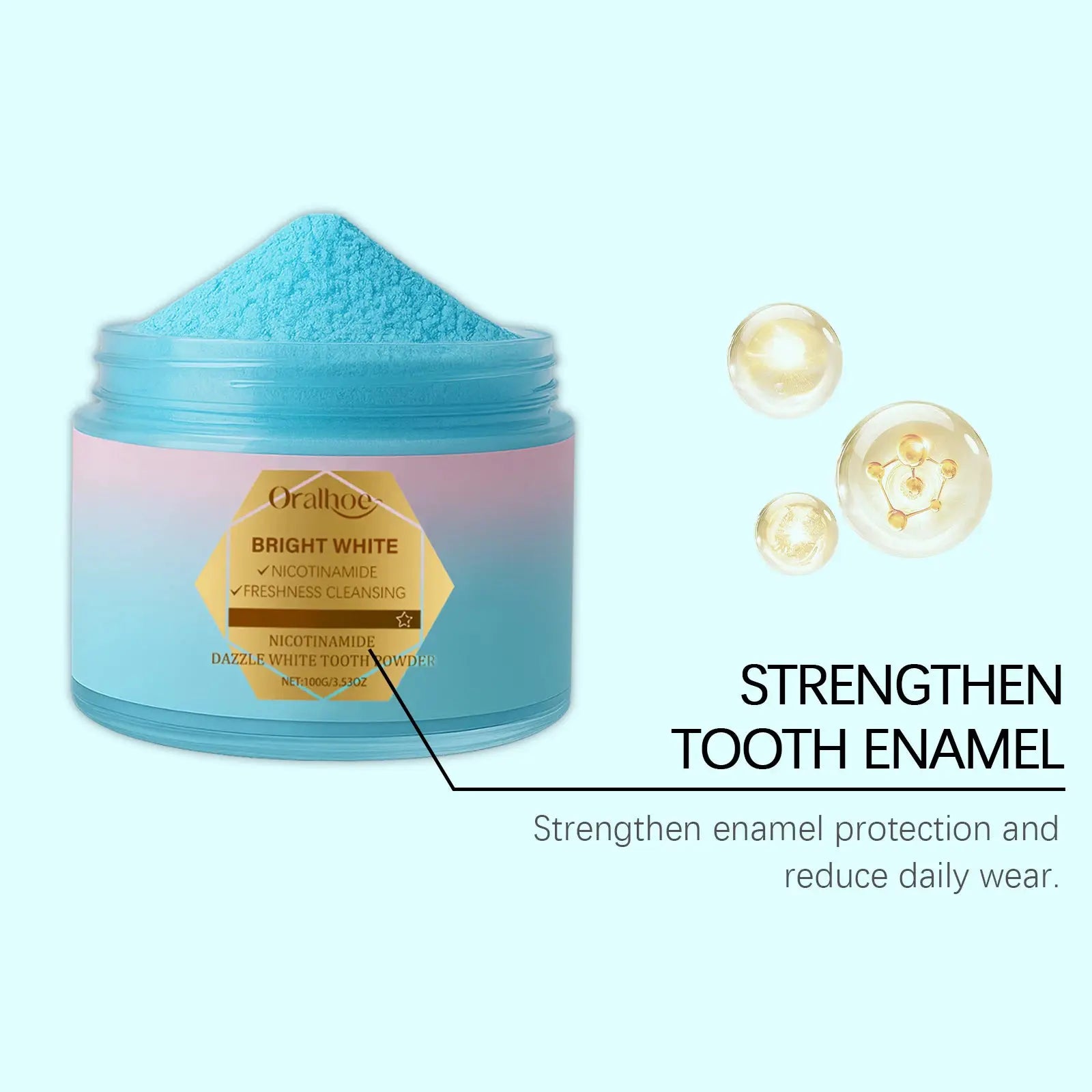 Simples Market Niacinamide Intensive Whitening Tooth Powder in blue, open jar with mound of powder