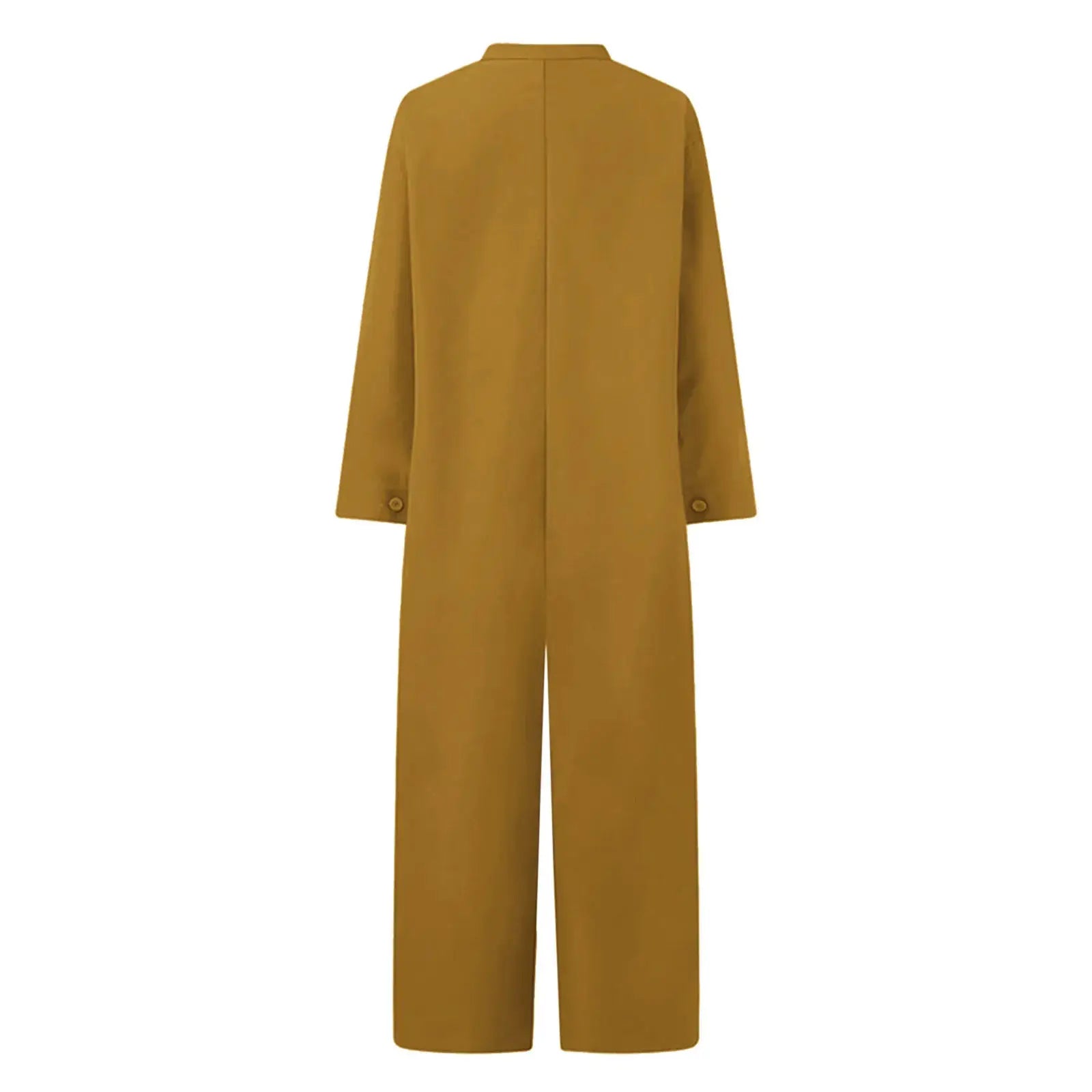 Jumpsuit mustard yellow by Simples Market, solid color casual loose fit with long sleeves, back view