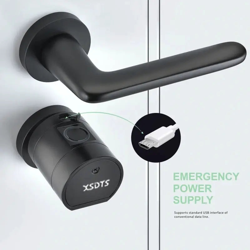 XSDTS smart door lock with fingerprint cylinder and USB emergency power supply on black door handle