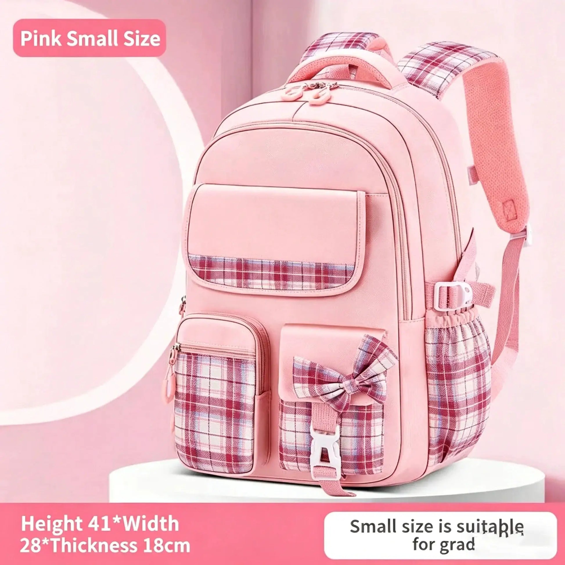 Simples Market pink checkered backpack for girls; lightweight, waterproof, compact.