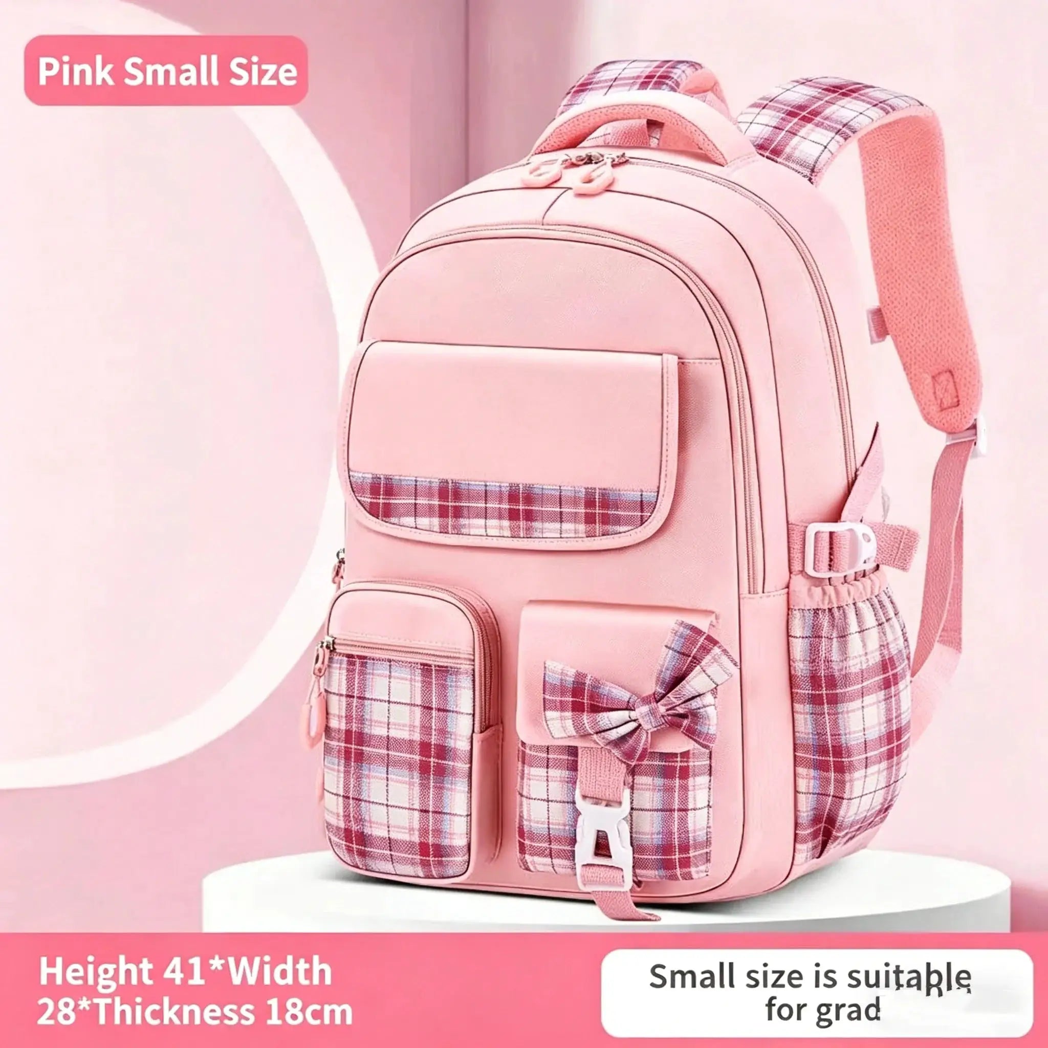 Simples Market pink checkered backpack for girls; lightweight, waterproof, compact.