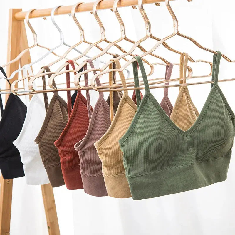 Kit of women's seamless bras on a hanger in assorted colors; cotton, padded, breathable