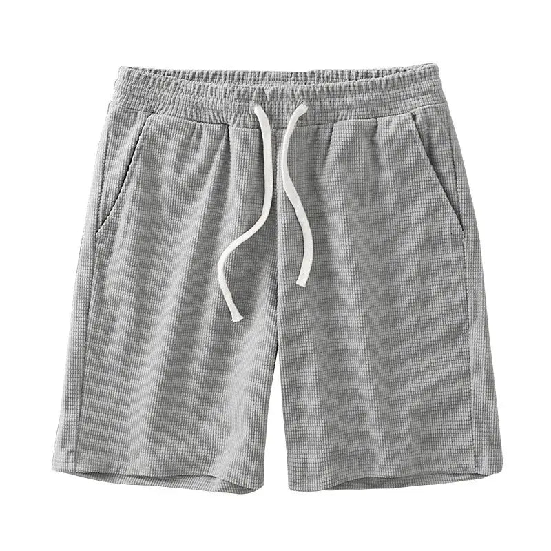 Men's grey waffle-texture shorts with drawstring, mid-waist, knee-length casual by Simples Market
