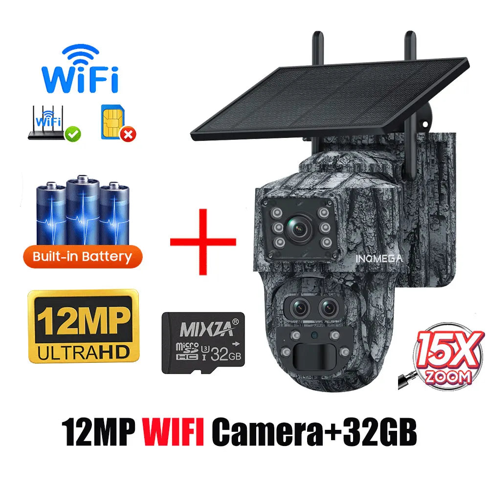 INQMEGA solar-powered PTZ Wi-Fi camera with built-in battery in camo rugged housing