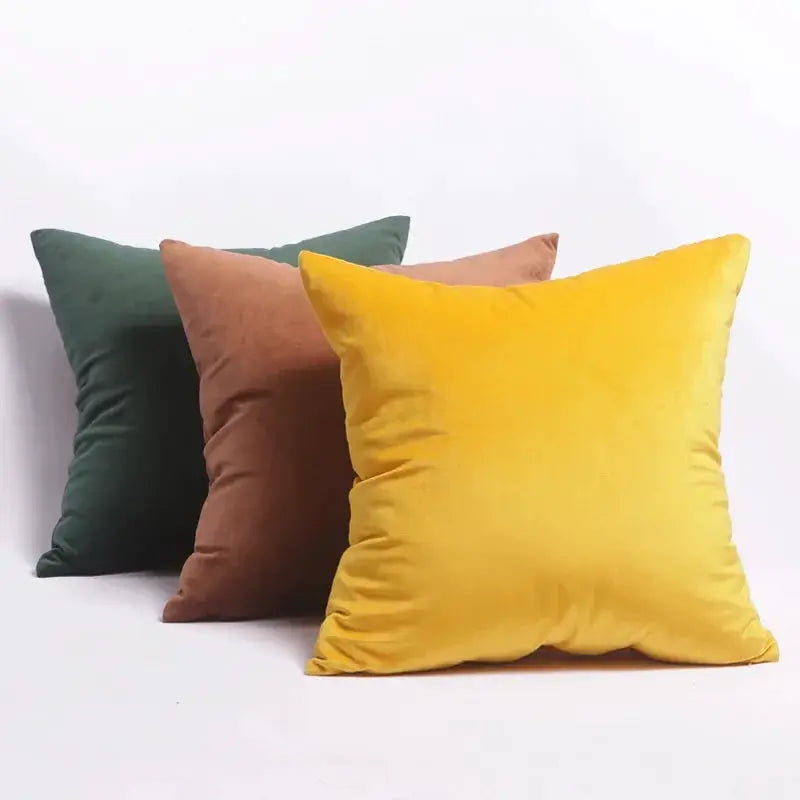Velvet cushion covers set of 3 in green, brown and yellow, 45x45 cm for living room decor