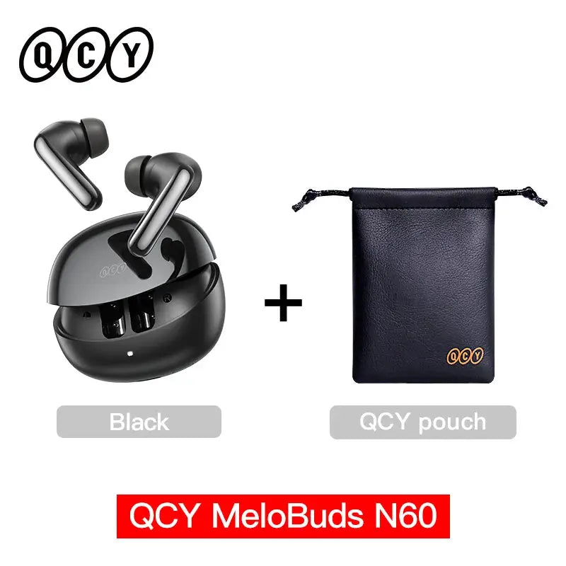 QCY MeloBuds N60 wireless earbuds in black with charging case and pouch