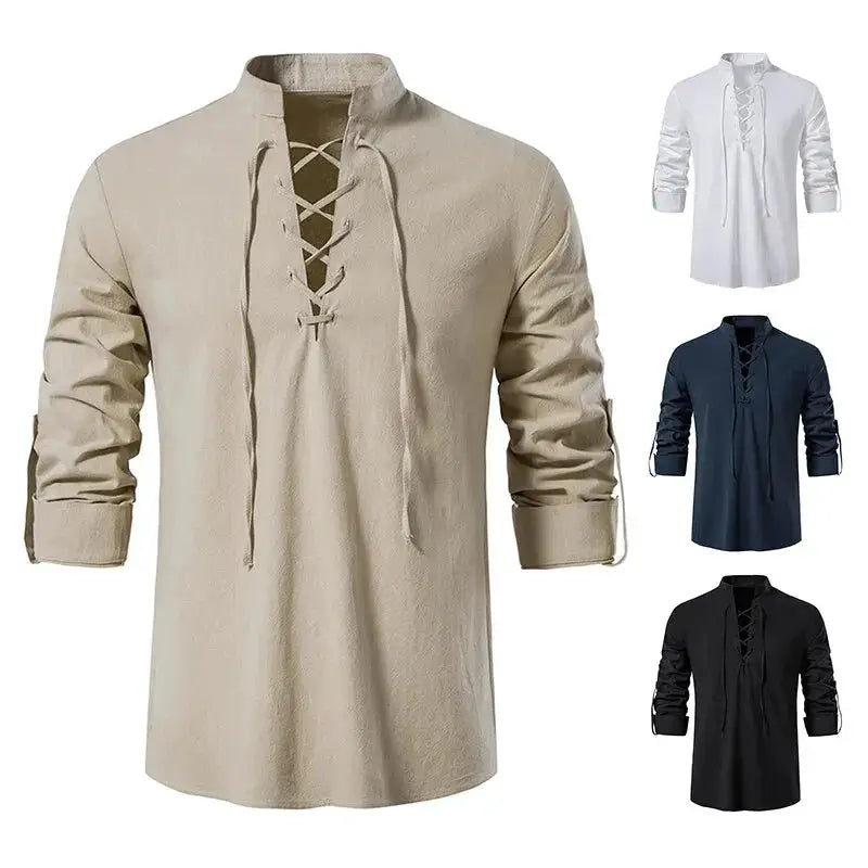 King Billion Mens Cotton Linen Long Sleeve Shirt Vintage English Style With Drawstring Neck US Size Spring Autumn