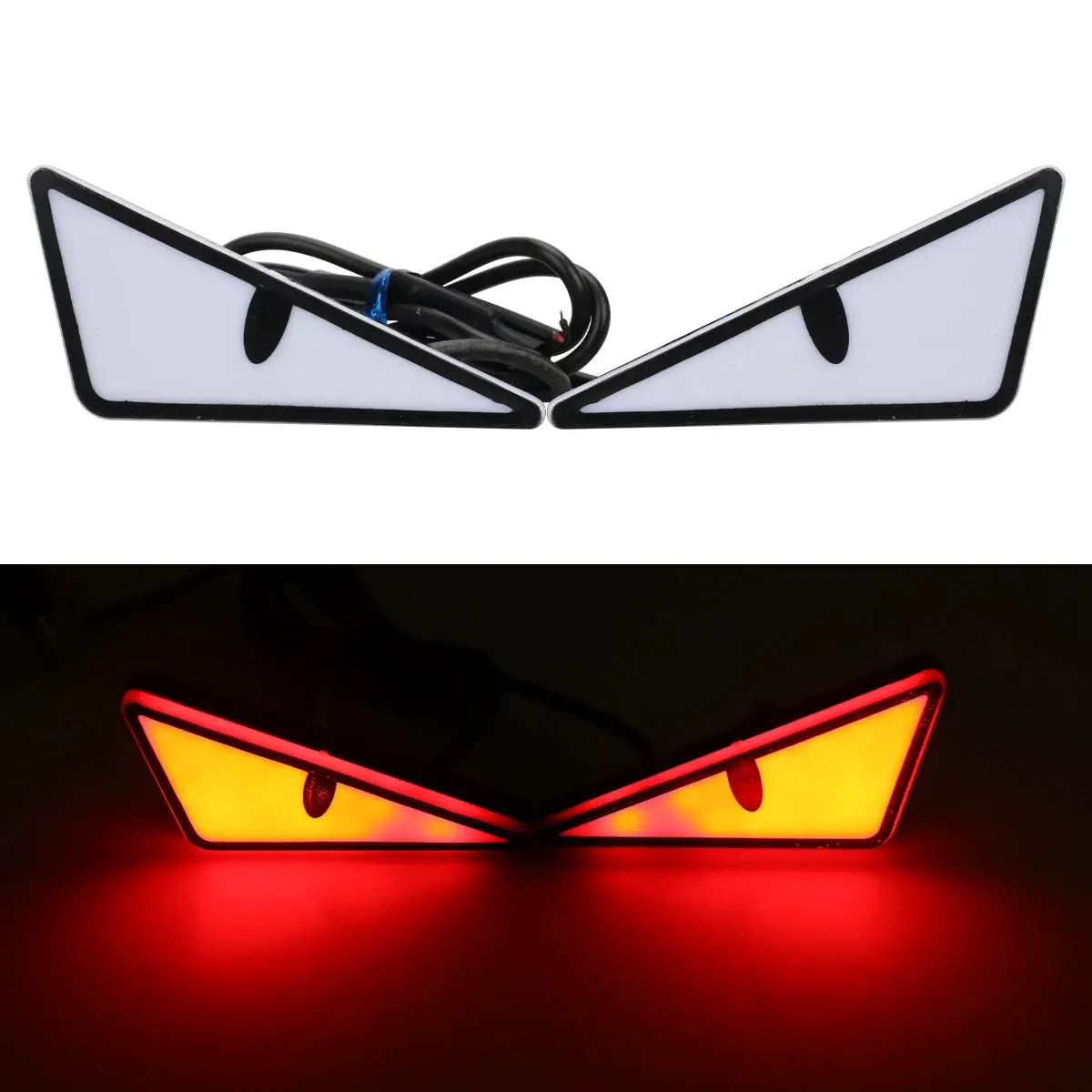 Pair of universal car LED devil-eye lights, triangular white housings with black borders (red illumination shown)