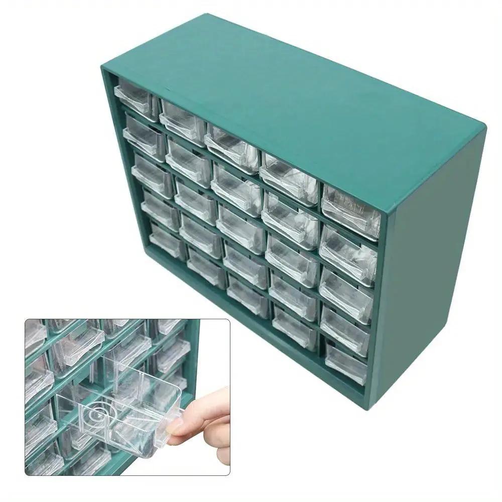 25-drawer teal wall-mounted parts box with clear plastic bins