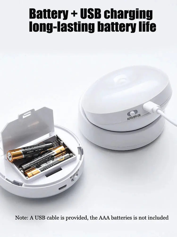 Two white round LED night lights with USB charging and motion sensor by Simples Market