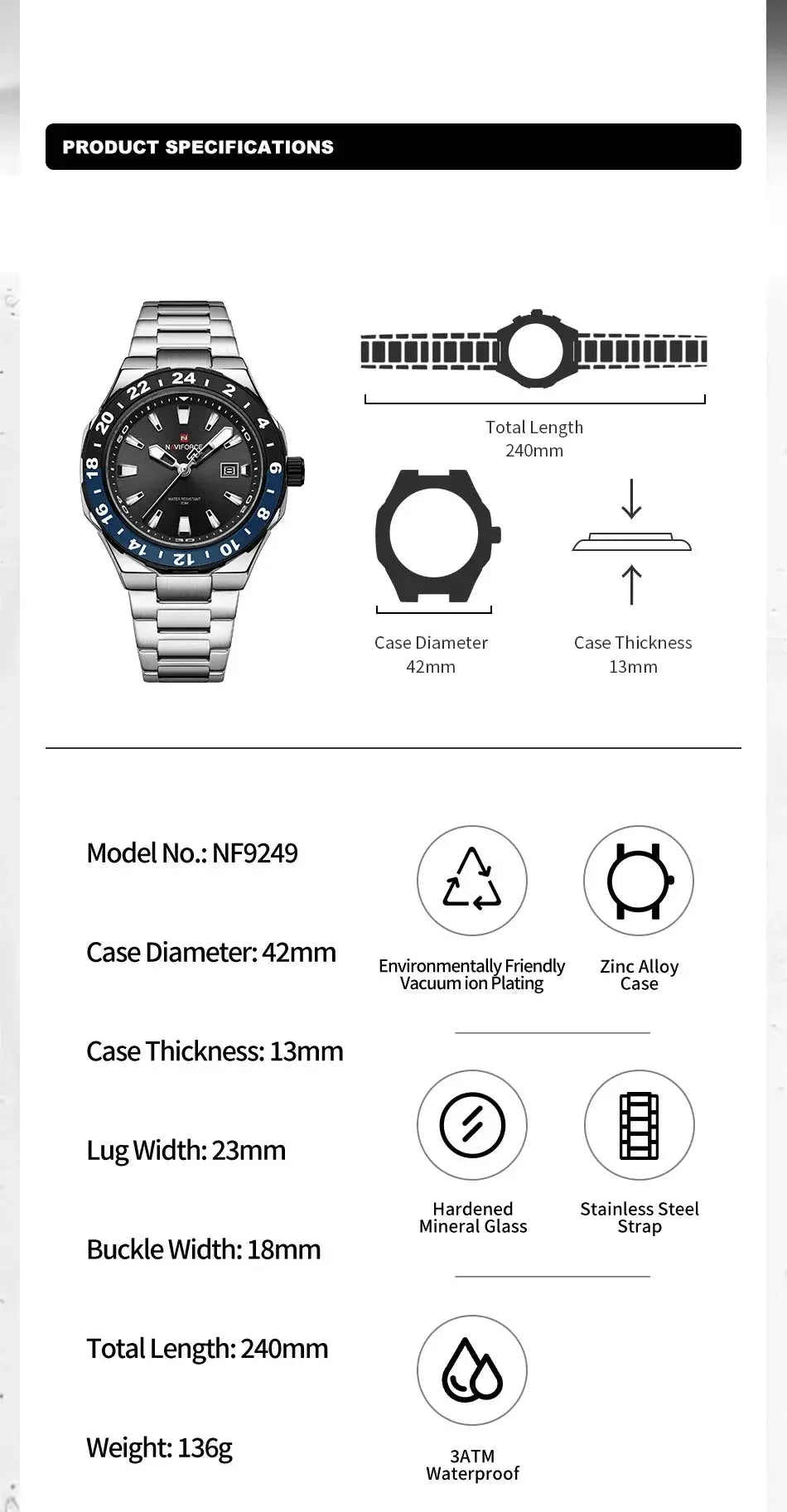 NAVIFORCE stainless steel men’s sport watch with blue/black bezel, luminous dial, 42mm case, 240mm strap, 3ATM