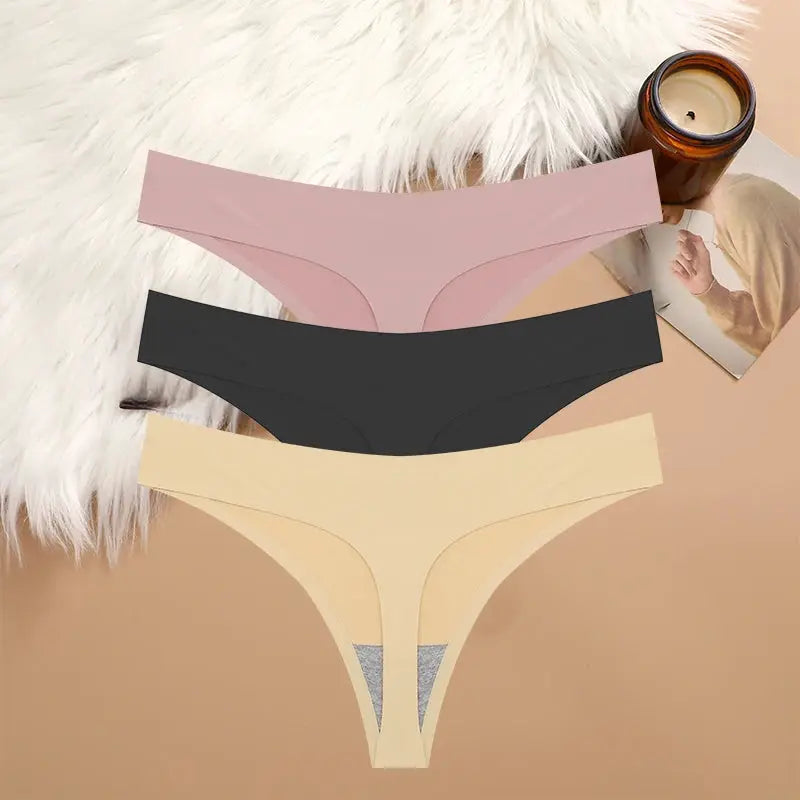 3-pack Simples Market sexy G-string underwear set in pink, black, and beige; breathable, seamless, low-rise thongs.